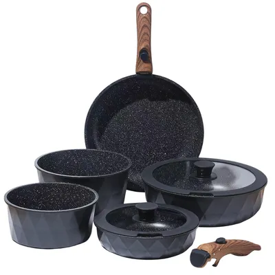 Image de Ensembles de batterie de cuisine à induction Royal Swiss 9 pièces - 2 poignées amovibles - noir