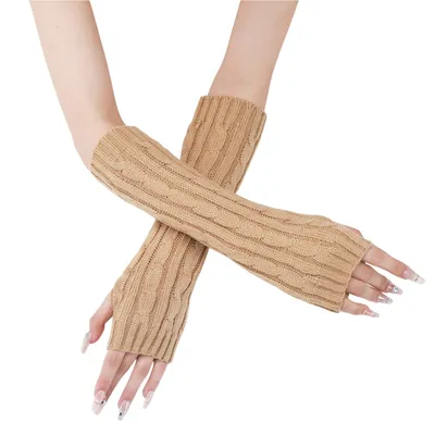 Produktbild von 1 Paar Strickhandschuhe Damen,Gestrickte Armwärmer Pulswärmer, Strick Fingerlose Handschuhe mit Daumenloch, Farbe: Gelb