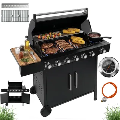 Zdjęcie produktu dla Grill gazowy ogrodowy 22,6kW BERGMANN 7 palników żeliwny ruszt stolik boczny wbudowany termometr w pokrywie reduktor + wąż gazowy czarny