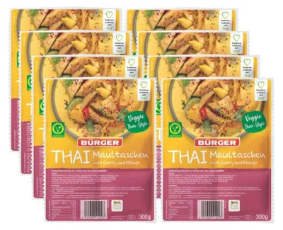 Produktbild von BÜRGER Thai-Maultaschen – Vegetarisch, mit Curry & Mango, asiatische Aromen, fertig zubereitet, vielseitig & lecker, 8 Beutel á 300g