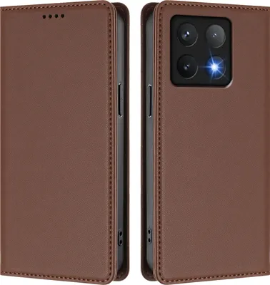 Image de Étui en cuir pour Xiaomi 14T, étui à rabat magnétique en cuirPolyuréthaneavec support, marron