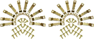 Two sets of sawtooth hangers and screws arranged in a fan shape on a white background.