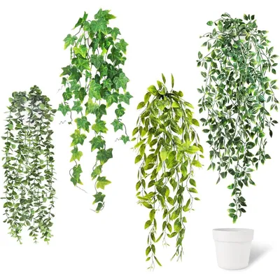 Immagine prodotto di Edera artificiale da appendere, con vaso bianco, confezione da 4 pezzi, altezza 52-72 cm, plastica, decorazione verde