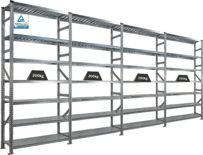 Produktbild von Fachbodenregal PROXIMO mit  Stecksystem | Komplettregal | HxBxT 240x480x50cm | 7 Ebenen | Beidseitig nutzbar | Verzinkt