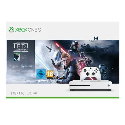 Image de Microsoft Xbox One S + Star Wars Jedi: Fallen Order, console Xbox One S, couleur : blanc, mémoire vive : 8000 Mo, type de mémoire : DDR3, processeur : AMD Jaguar, carte graphique : AMD Radeon