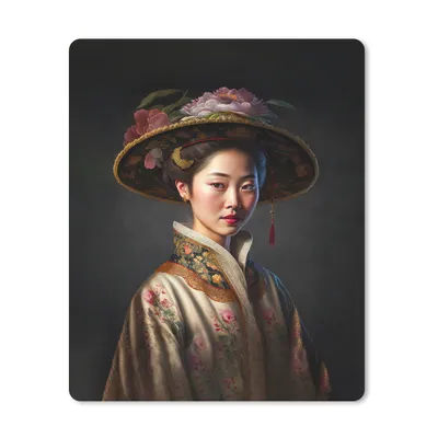 Produktbild von MuchoWow® Mauspad Mousepad Frau - Porträt - Blumen - Hut - Asiatisch 19x23 cm - Mousepads - Maus Mat - Pad - Mausunterlage - Mauspads - Spielen