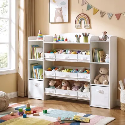 Produktbild von SONGMICS Kinderregal mit 4 offenen Fächern, Kinderregal, 9 mittlere und 2 seitliche Boxen, 30 x 143,8 x 104 cm, weiß