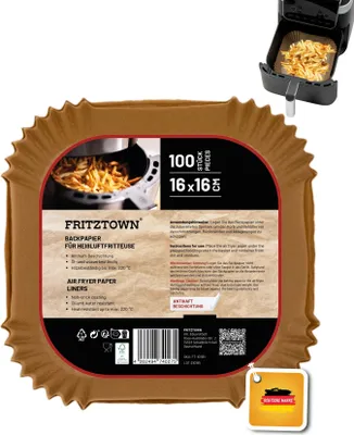 Produktbild von FRITZTOWN® Air Fryer Paper – 300 Stück, 16x16 cm Quadratisch | Antihaft Backpapier für Heißluftfritteusen, Mikrowelle & Backofen | Hitzebeständig & Fettdicht