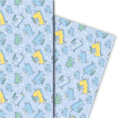 Produktbild von Süßes Kinder Geschenkpapier mit Einhorn Dinosaurier, hellblau - G8178, 32 x 48cm