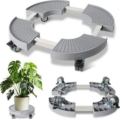 Obrázok produktu pre Izrielar Plant Roller Round, nastaviteľný podstavec na kolieskach Ø38-54 cm, nosnosť 200 kg, sivý podstavec na kvetináče s otočnými kolieskami o 360°