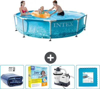 Produktbild von Intex-Schwimmbecken mit rundem Rahmen – 305 x 76 cm – Wasserdruck – im Lieferumfang enthalten Sonnensegel - Wartungspaket - Filterpumpe für Schwimmbad - Bodenfliesen