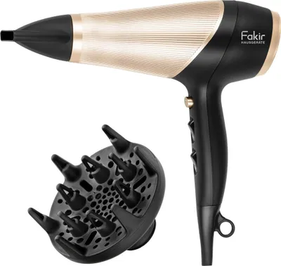 Obrázek produktu pro Fakir Ion Gold vysoušeč vlasů, 2200W DC motor, ionizace, 3 nastavení teploty, 2 rychlosti, proud studeného vzduchu, objemový difuzér a koncentrátor, černá/zlatá