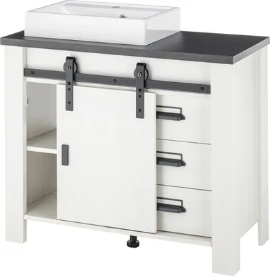 A bathroom vanity with a sink on top, set against a white background.