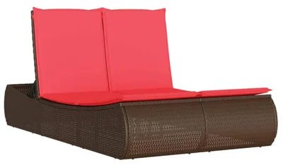 Image de vidaXL Bain de soleil double avec coussins Marron Poly Rattan