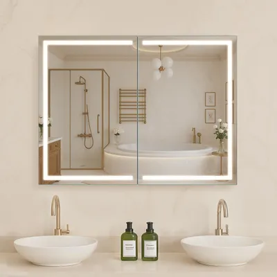Obrázek produktu pro VEVOR osvětlená skříňka na léky se zrcadlem (60 x 80 cm), nástěnná, tříbarevná stmívatelná koupelnová skříňka LED s HD zrcadlem, paměťovou funkcí/nastavitelnými policemi, úložným prostorem/zásuvkami a USB