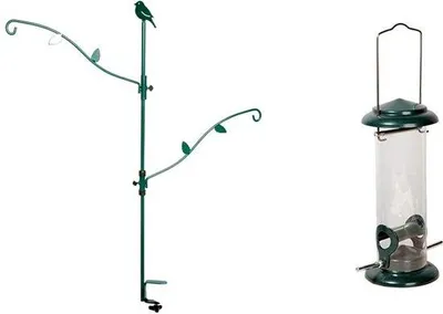 Obrázok produktu pre Veľká kŕmidlo pre vtáky a držiak na krmné gule – 86 x 100 cm – tmavozelené a 11516 Malý držiak na krmivo pre vtáky s upevňovacou tyčou – Ø 9,5 x 23 cm – zelený