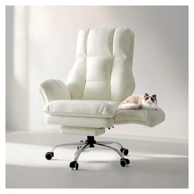 Produktbild von Ergonomischer Chefsessel für das Büro, Gaming-Stuhl mit Fußstütze und 135° verstellbarer Rückenlehne, Drehstuhl mit klappbaren Armlehnen, Hochlehner aus Teddy-Fleece-Stoff – Beige