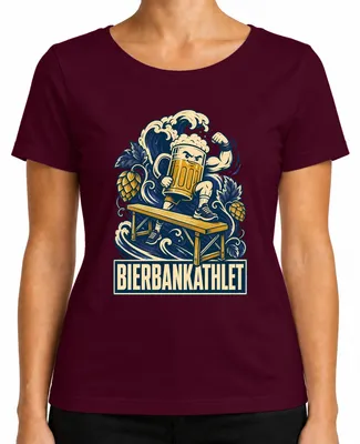 Zdjęcie produktu dla Koszulka damska na wieczór panieński, motyw "Bierbankathlet" (atlet z kuflem piwa), kolor burgundowy, rozmiar M