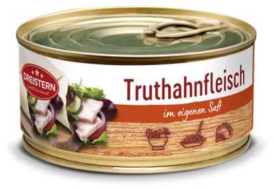 Produktbild von Dreistern Truthahnfleisch mit eigenen Saft in der Ringpull Dose 300g