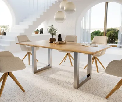 Produktbild von DELIFE Esstisch Edge 200x100x2,5-3 Eiche Natur Edelstahl breit Live-Edge