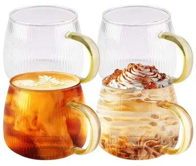 Obrázok produktu pre Sada 4 sklenených pohárov, objem 350 ml, priehľadné, vhodné na latte macchiato, s rúčkou, s vertikálnymi pruhmi