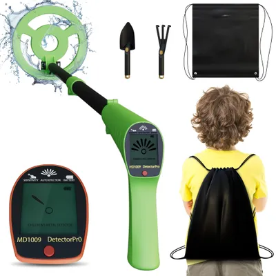 Image de Détecteur de métaux pour enfants LZQ Vert - Chasseur de trésor réglable avec bobine de recherche étanche de 16,5 cm, écran LCD, signal sonore, pelle & sac de transport