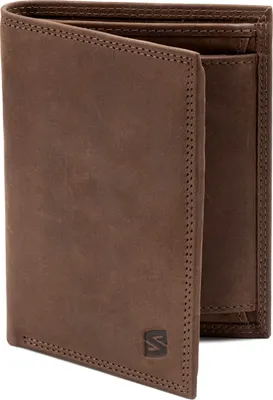 A brown leather wallet is shown in an upright, slightly open position.