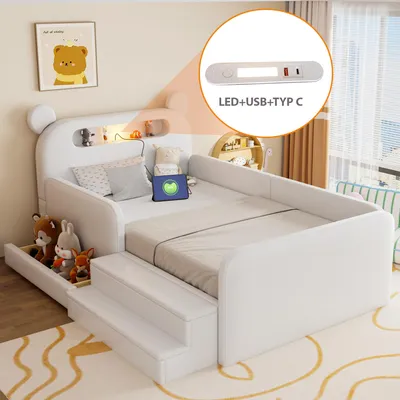 Produktbild von Flieks Kinderbett 90x200cm mit Nachtlicht und Usb, Polsterbett in Bären-Form, Spielbett Einzelbett mit Treppe und Schublade, Kunstleder, Weiß