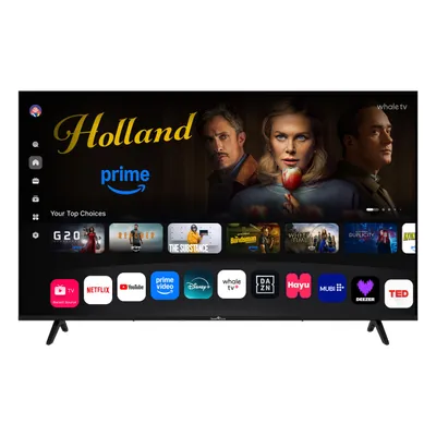 A smart TV displaying a streaming service interface with various app icons and movie posters.
