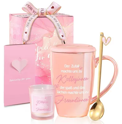Produktbild von Kaffeebecher Keramik 460ml Rosa mit Löffel und Geschenkbox für Kollegen