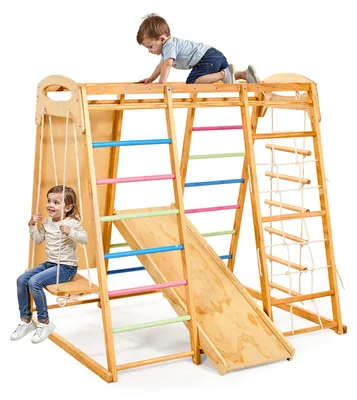 Produktbild von Holz Klettergerüst Indoor - 7-in-1 Montessori Kletterspielzeug Set - bis 113 kg belastbar - Schaukel & Rutsche - Leiter, Strickleiter, Kletternetz, Kletterwand