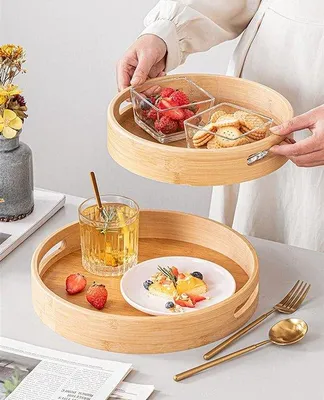 Produktbild von Holz-Dienschale mit Griffen und erhöhtem Rand - für Essen, Kaffee, Wein, Tee und Obst - 385x385x5 cm
