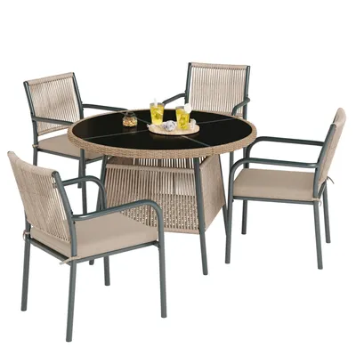 Image de Ensemble de mobilier de jardin moderne, table ronde en verre et 4 chaises avec accoudoirs, gris