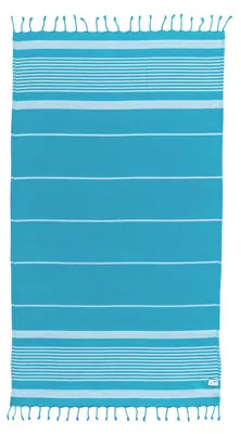 Produktbild von Strandtuch im Futa-Stil aus recycelter Baumwolle mit Frotteeseite und Fransen 90x170 cm, Farbe:Türkis