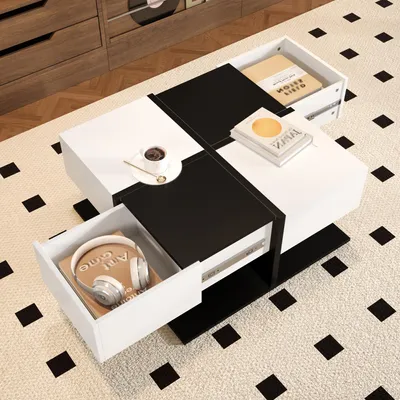 Produktbild von Merax Couchtisch 70x70x35,5 cm mit 2 Schubladen, minimalistischer Kaffeetisch mit Stauraum, Beistelltisch mit Hochglanz-Oberfläche, Schwarz und Weiß