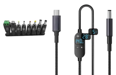 Immagine prodotto di INF Cavo di ricarica Type-C a DC con tensione regolabile, 140W PD3.1, 6 livelli di tensione, uscita 7A, 8 punte adattatore e manicotto verde