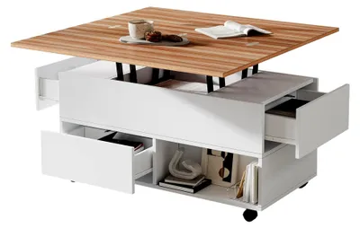 Produktbild von Couchtisch mit höhenverstellbarer Tischplatte und 4 Rollen, Sofatisch mit 4 Schubladen für Wohnzimmer und Schlafzimmer, 100×100×66cm, Weiß und Holzfarbe