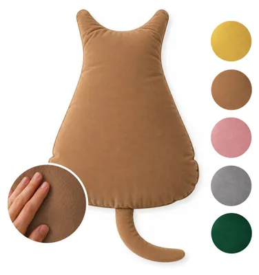 Produktbild von MEBLE ODNOWA, Dekorativer Kissen, Zierkissen, Katzenform, Dekokissen Katze, Beige, 40x30cm, Samt, Velours, Strapazierfähig, Maschinenwaschbar