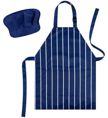 Imagen del producto de Delantal y gorro de cocina para niños, ajustables, de color azul oscuro con rayas, con 2 bolsillos