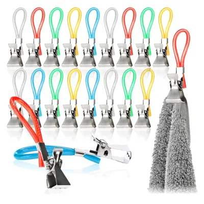 Produktbild von 20 Handtuchhalter-Clips aus Kunststoff und verchromtem Metall - bunte Klemmen für Handtücher, Waschlappen, Badeschwämme - Schlaufenhänger-Klemmen für Topflappen und Geschirrtücher (20 Stück)