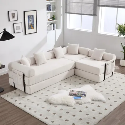Zdjęcie produktu dla Sweiko Przytulna sofa rodzinna z miejscem do przechowywania i funkcją modułową - pakowana próżniowo w celu łatwego montażu, dowolnie łączone moduły i przyjazna dla zwierząt. Idealna na relaksujące chwile. Beżowy