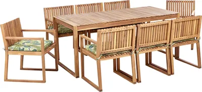 Produktbild von BELIANI Gartenmöbel Set 8-Sitzer Hellbraun es Akazienholz Tisch mit 8 Stühlen und Sitzkissen Grün Blättermuster Rustikal Terrasse Garten