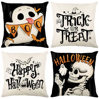 Produktbild von 4 Stück Halloween Kissenbezüge 45x45cm Trick Or Treat Kürbisse Druck Kissenbezug mit Reißverschluss für Sofa Wohnzimmer Deko