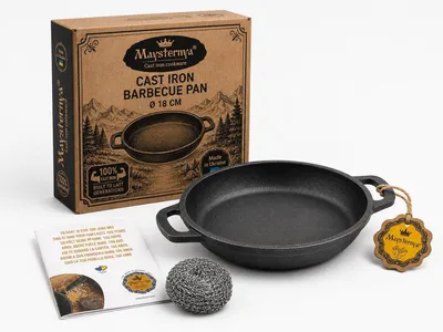 Zdjęcie produktu dla MAYSTERNYA Żeliwna patelnia grillowa - ø 18 x 3 cm - akcesoria BBQ - kuchnia zewnętrzna - BBQ - pieczenie - forma do piekarnika - prezent BBQ - prezent - matowa czerń