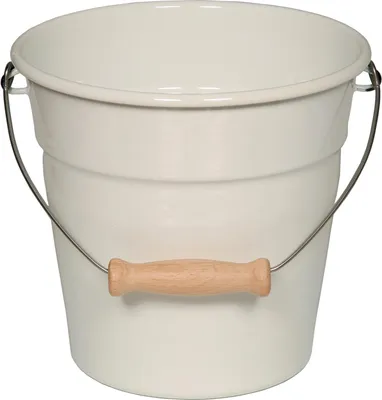 A white enamel bucket with a wooden handle and a metal bail handle.