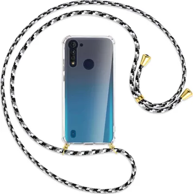 Produktbild von Handykette Backcover-Schutzhülle mit Band (Metall goldfarben) für Motorola Moto G8 Power Lite - schwarz/grau/weiß