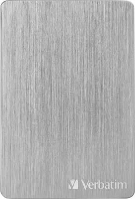 A top-down view of a silver external hard drive with a brushed metal finish.