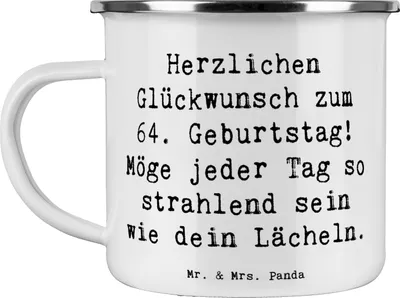 Produktbild von Mr. & Mrs. Panda Pott Spruch 64. Geburtstag - Weiß - Geschenk, Alter, feiern, Haferl, becher emaille, Geburtstagsgeschenk, Teetasse, Tasse, Reisebecher, Happy Birthday