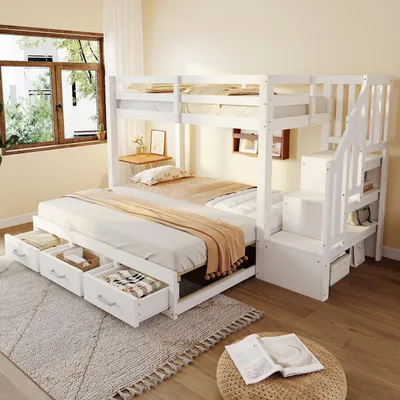 Obrázek produktu pro Postel patrová, 90 x 200 cm, s výsuvnou postelí 180 x 190 cm, úložný žebřík se zásuvkami, 3 zásuvky, rošt, masivní dřevo, postel pro mládež, bílá barva