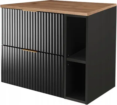 A product shot of a black bathroom cabinet with a brown countertop and open shelving on the right side.
